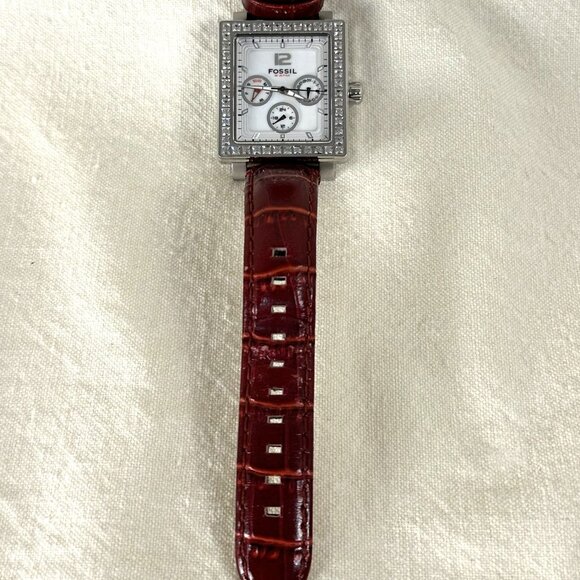 Fossil Square Bezel Multifunction Watch With Crystals and Burgundy Leather Band - Picture 3 of 5